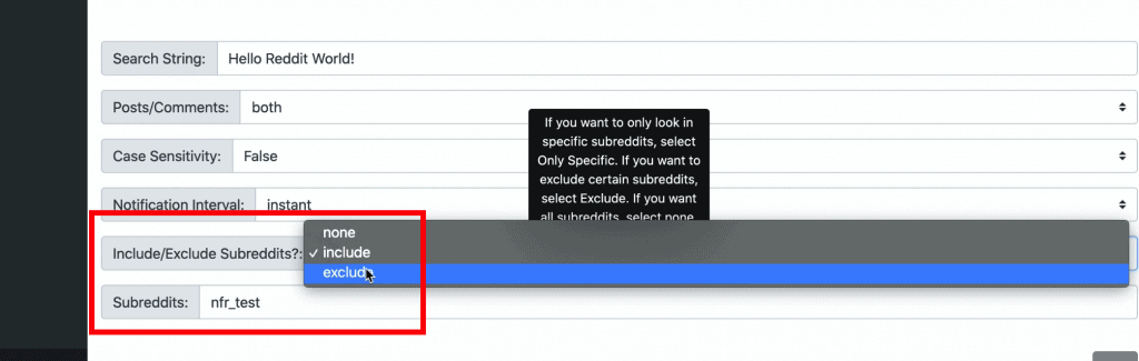 Add Searcher page on Notifier for Reddit dashboard where one can select particular subreddits to include or exclude in the match