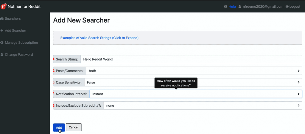 Add Searcher page on Notifier for Reddit dashboard where you can set up a Searcher to get started keeping track of Reddit