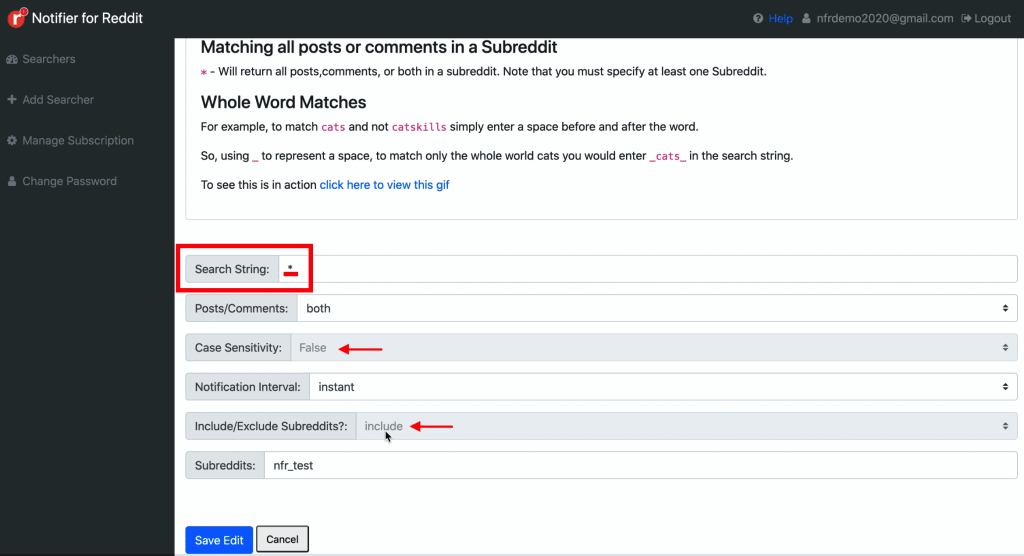Add Searcher page on Notifier for Reddit dashboard showing how one can make use of * (star) Operator when creating a Searcher to return matches from any posts or comments