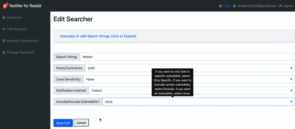 Add Searcher page on Notifier for Reddit dashboard showing how one can make use of Case Sensitivity to get matches of what one is actually searching for