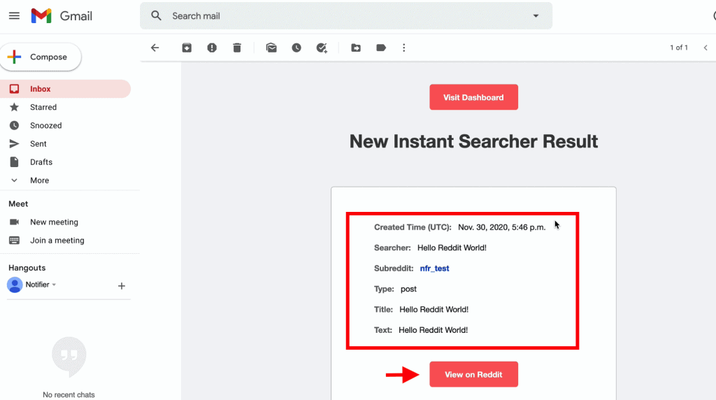 Shows the details of the email notification one will receive whenever a match is found on a comment/post and which has a button that will allow one to view the searcher result directly on Reddit