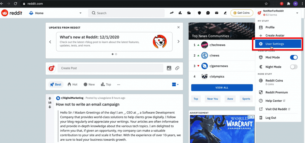Reddit main page showing a drop-down menu where you can access User Settings
