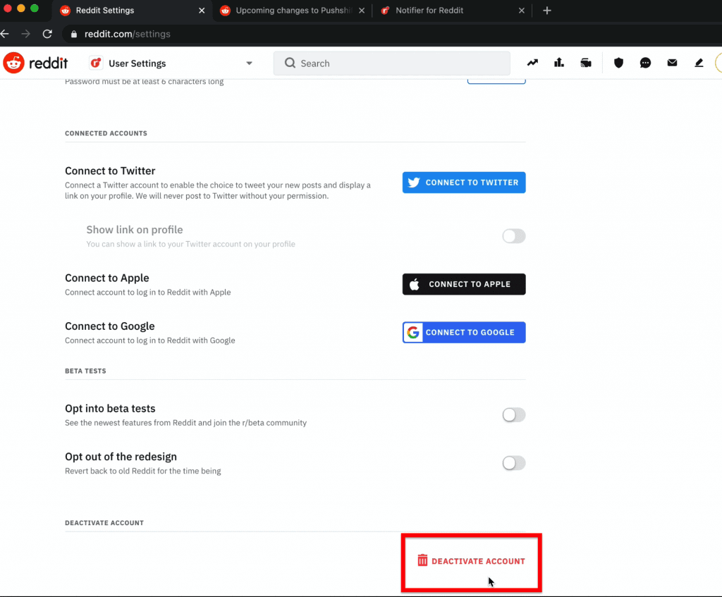 User settings where you can navigate to delete your account