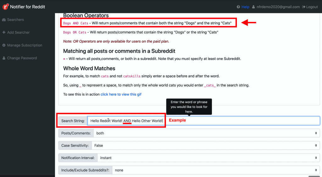 Add Searcher page on Notifier for Reddit dashboard showing how one can make us of Boolean AND Operators when creating a Searcher