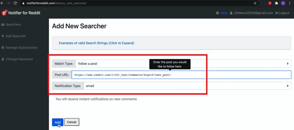 Add Searcher page in Notifier for Reddit dashboard showing how to follow a Reddit post and get notified of all of its comments through email