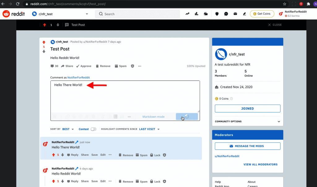 A post previously created using a test subreddit to show how to make comments on a Reddit post