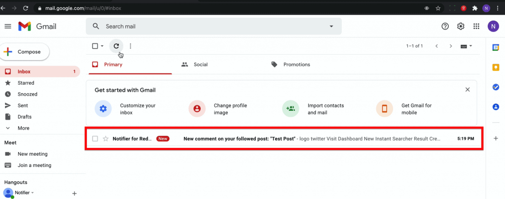 Email inbox where message notification will appear when someone makes a new comment to a followed post