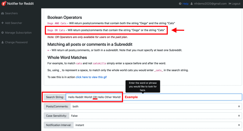 Add Searcher page on Notifier for Reddit dashboard showing how one can make us of Boolean OR Operators when creating a Searcher to return either match created