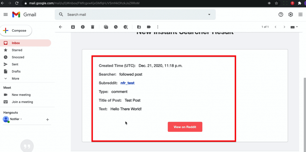 The details of the email notification one will receive whenever a followed Reddit user makes a comment/post and which also allows an instant click to view the post/comment directly on Reddit