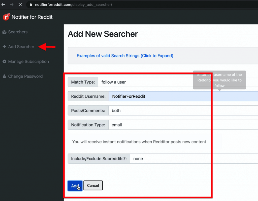 Add Searcher tab on Notifier for Reddit dashboard showing how to follow a user and get notified whenever a Reddit user makes a post or comment