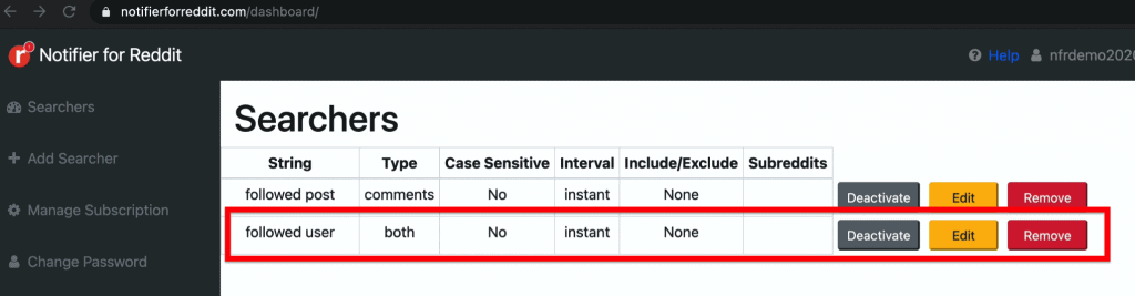 Searchers tab on Notifier for Reddit dashboard showing Searchers successfully added and where one can modify any Searchers previously created