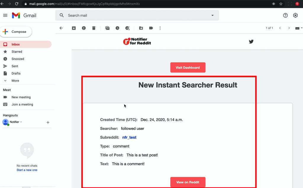 A notification email one will receive whenever a followed Reddit user makes a comment/post and which contains details and an instant click to view the post/comment directly on Reddit