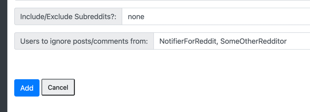 Shows the Notifier user interface and how to exclude comments using the Users to ignore posts/comments from input box.
