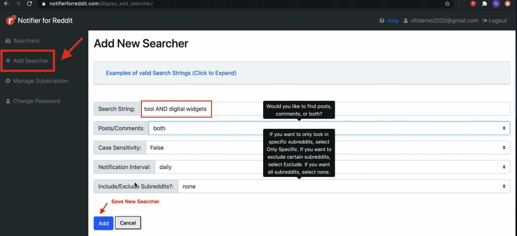 Add Searcher page on Notifier for Reddit dashboard where you can add a Searcher and start getting new users for your product/service by leveraging social listening on Reddit