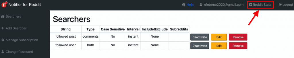 This is where one can access Reddit Stats page in the web application dashboard