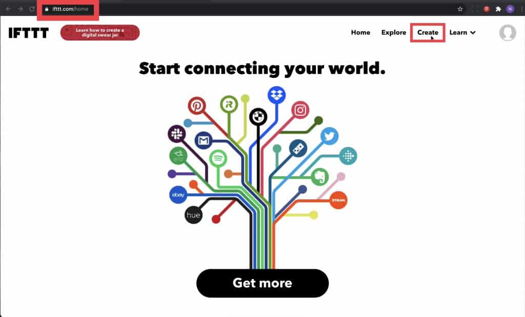 If this Then That (IFTTT) dashboard where you can start and create an Applet