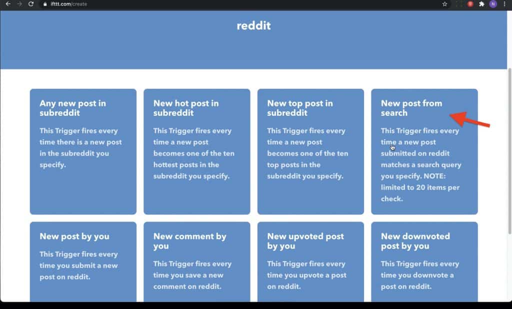 Once you select Reddit, it will bring out Reddit configuration and will provide you list of option to choose a trigger