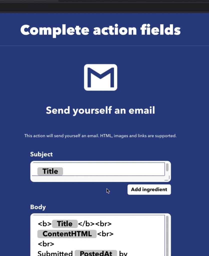 This screen Complete action fields have different options on how yo'd like your email to populate