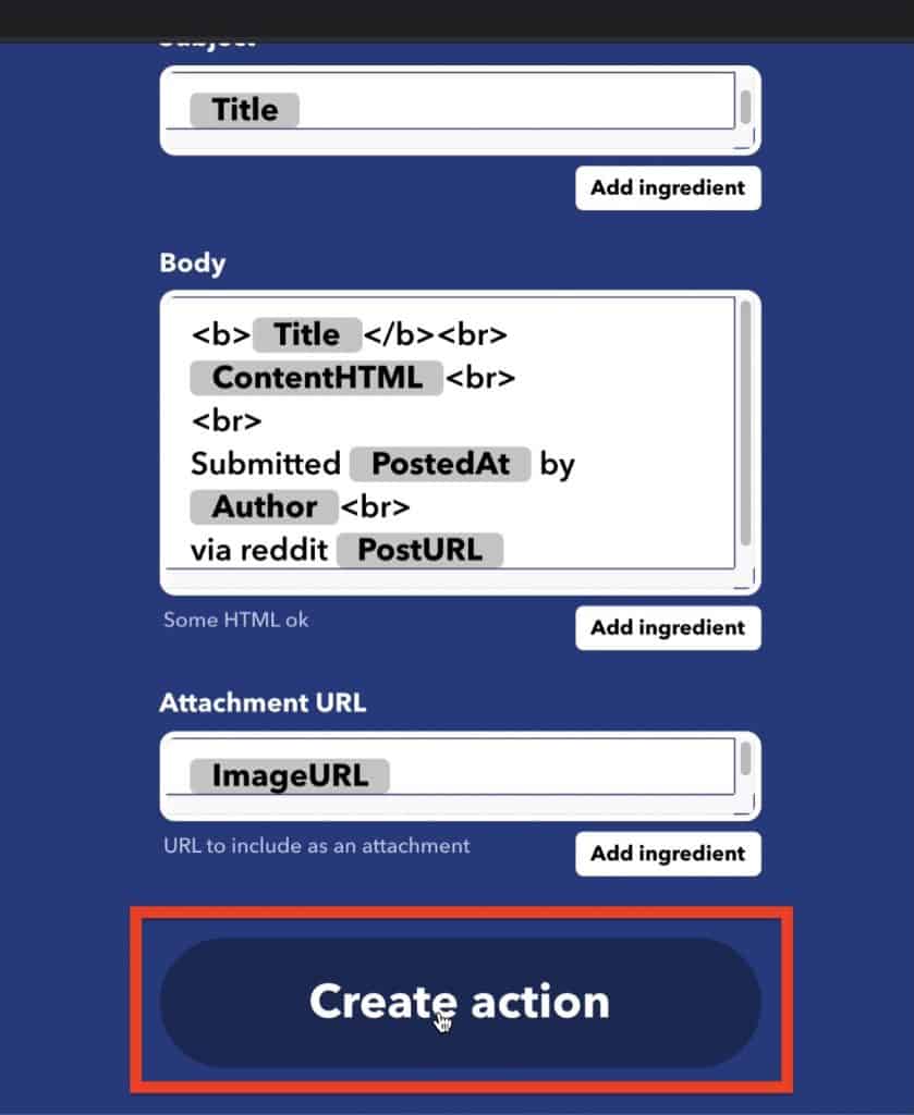 The Complete action fields will allow you to modify how you'd like your email to populate or you can keep the default and click on Create action