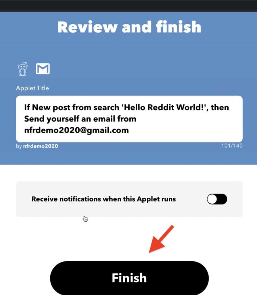 In this interface you can review the Applet you have created and click Finish for the Applet to be connected
