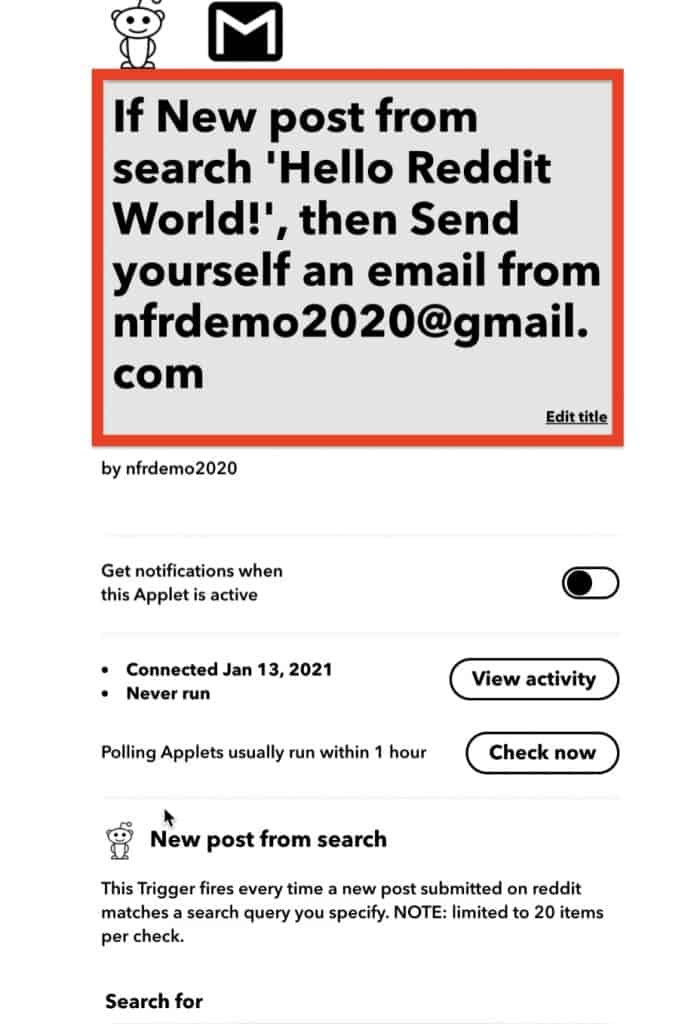 Once Applet is created, you can then access to the Settings to view activity or modify the string search