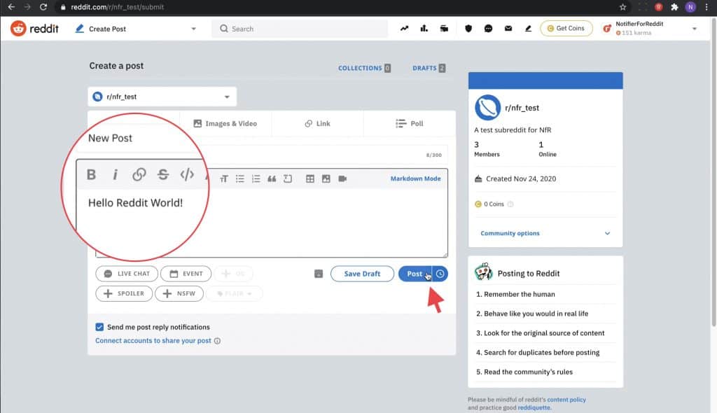 A Reddit post creator page for a previously created test subreddit to test if the search string will find a match