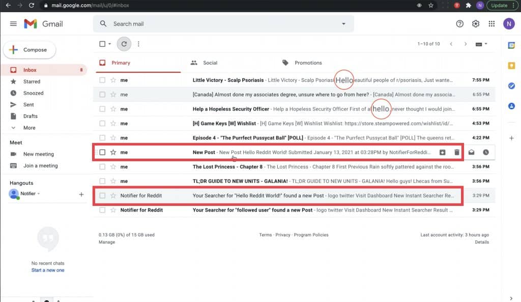 Email inbox in the Gmail dashboard where your received message notification will appear and where you can click the message to view details.