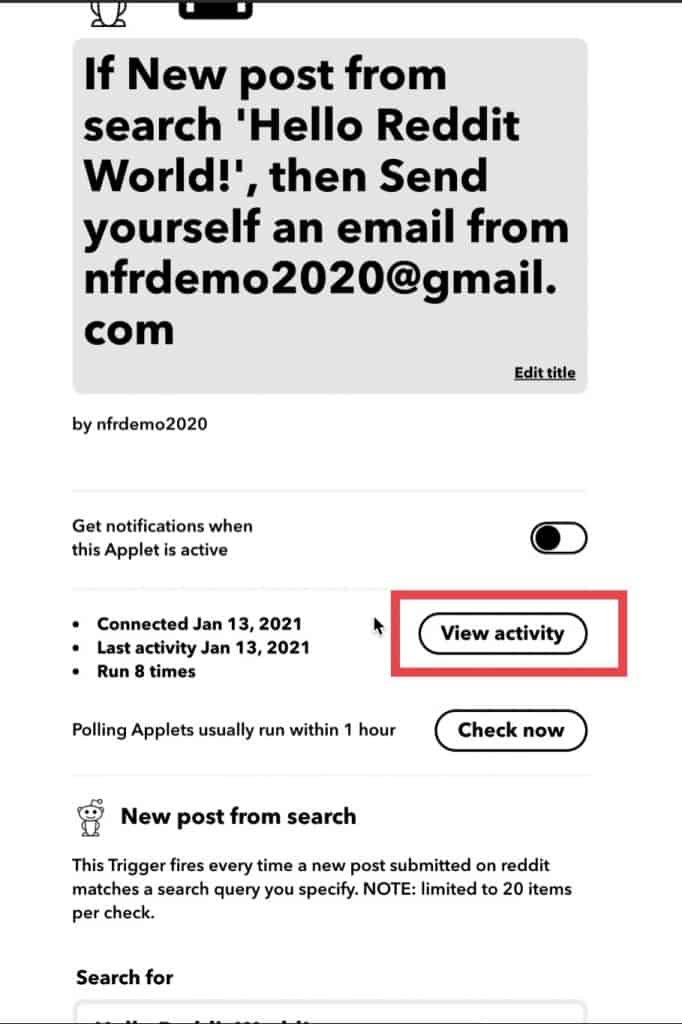In the Applet interface, you can go to settings on the top right corner of the Applet to view activity or edit search string.
