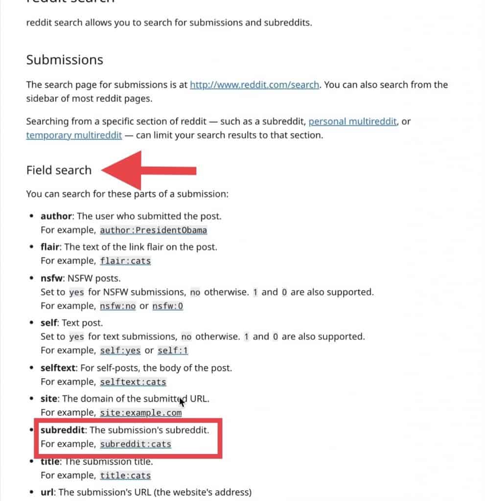 This shows the different Reddit field search or search string algorithm you can use to search for a specific section of reddit
