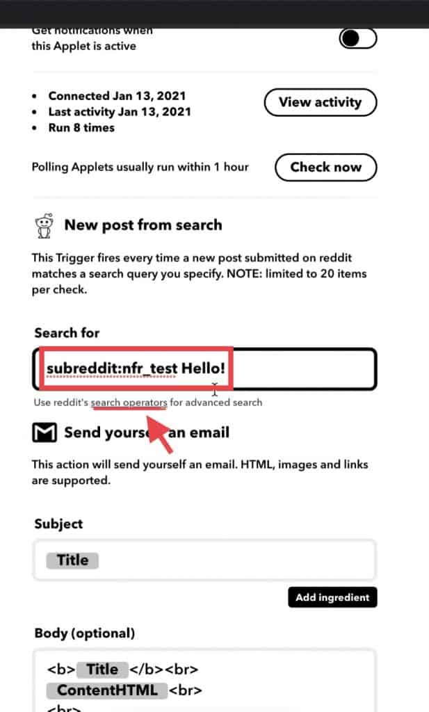 In the Applet interface, you can go to settings on the top right corner of the Applet to view activity or edit search string. Once you've edited your Applet, select Save to update it.