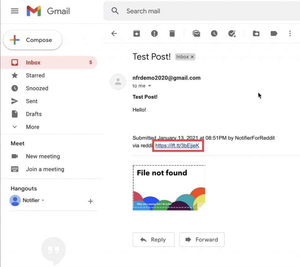 The details of the email notification one will receive whenever a search string has found a match and which also allows an instant click to view the post/comment directly on Reddit