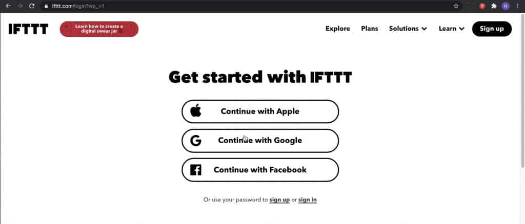 If this Then That (IFTTT) sign up page