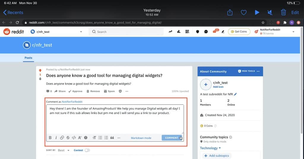 This is a post previously created using a test subreddit to show how to comment on a Reddit post