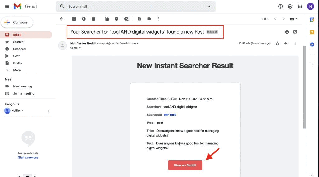 This is the email inbox showing the email notification and details one will receive whenever a match is found from either comment or post on Reddit