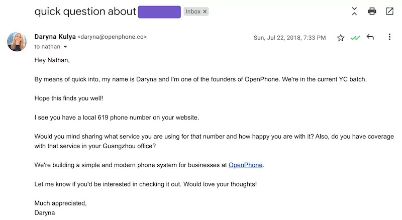 Example of Daryna's personalized cold email outreach