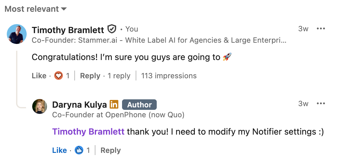 Daryna Kulya LinkedIn comment confirming she still uses Notifier
