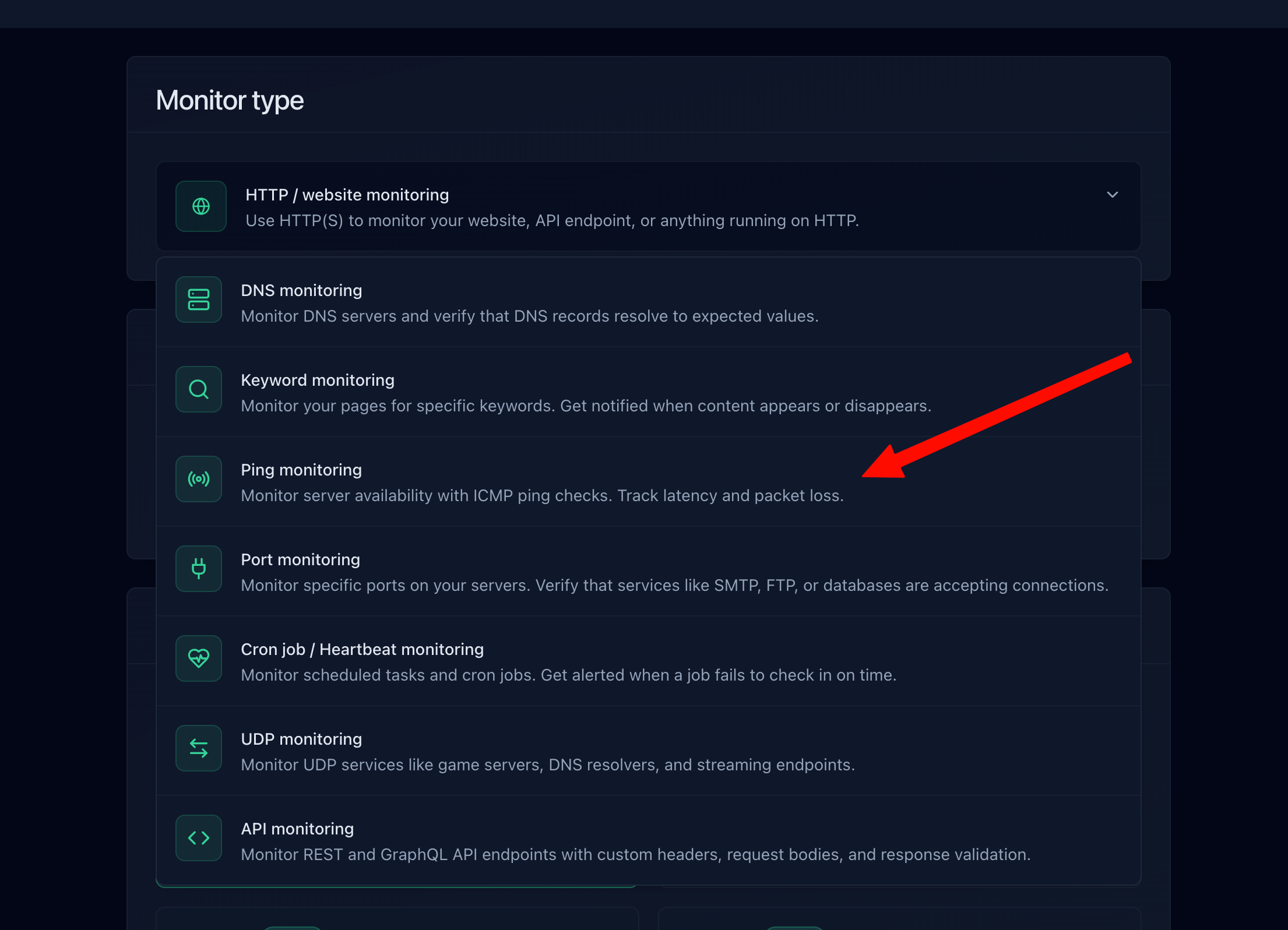 Ping monitoring type selector